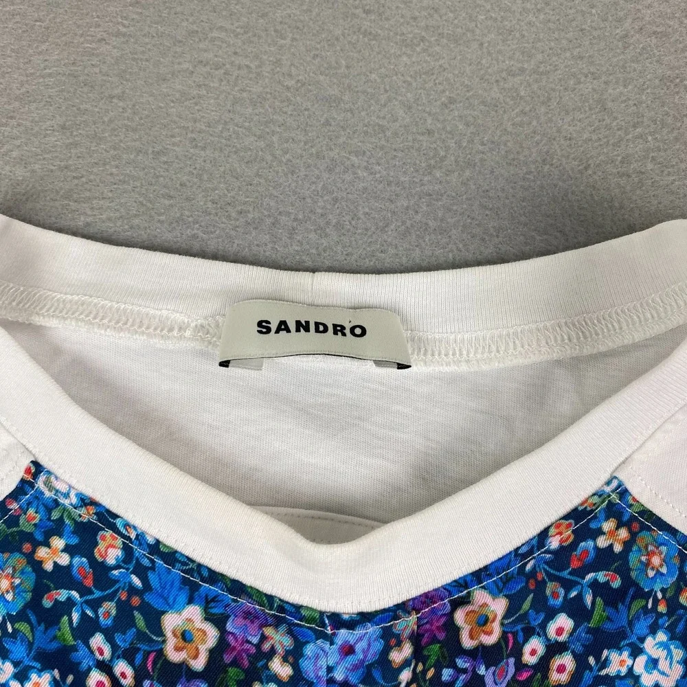 Sandro Lutetia Floral Print Mixed Media Top Open Back Tie Ruched Satin Blouse - Picture 9 of 13